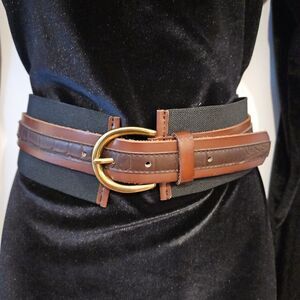 Elastic Black Belt with Brown Bonded Leather Gold Hardware